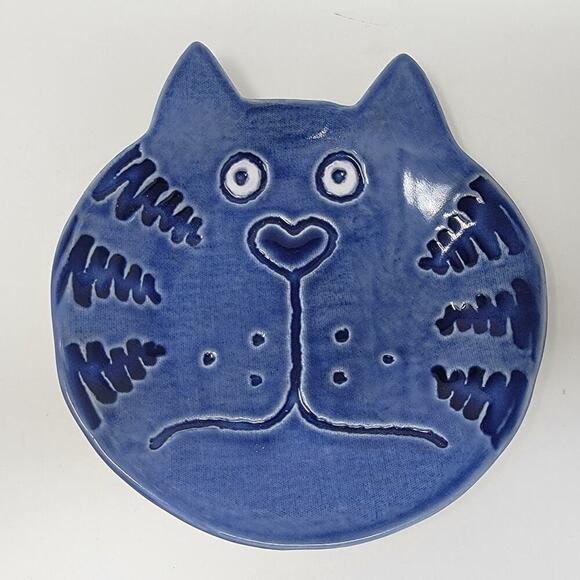 Signed Handmade Cheshire Cat Pottery Plate Trinket Dish Decor 1989 Signed - Picture 1 of 8